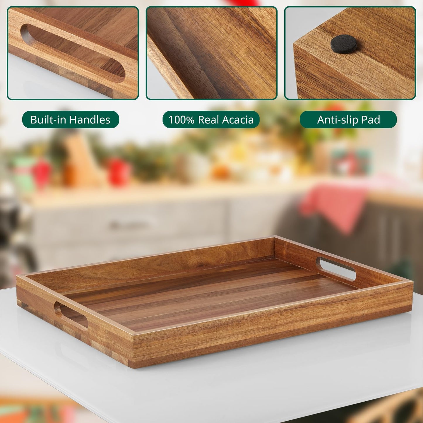 17 Inch Acacia Wood Serving Tray with Handles - Extra Large Wooden Tray for Ottoman, Breakfast in Bed, Dinner, Coffee Table - Decorative Rectangular Tray for Living Room Bedroom Entryway and Kitchen