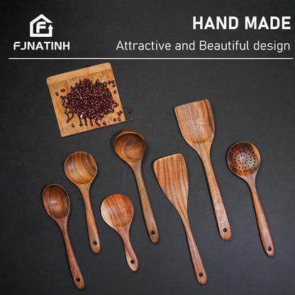 FJNATINH 7-Piece Nonstick Wooden Cooking Utensils Set, Natural and Healthy Kitchen Utensils（7 Pcs）