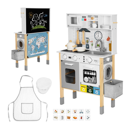 OOOK Kids Kitchen Playset with Garbage Classification, Wooden Pretend Play Kitchen with Sound and Light, Kitchen Set for Kids Equipped with Blackboard, Worldmap ect., Gift for Boys and Girls Aged 3+
