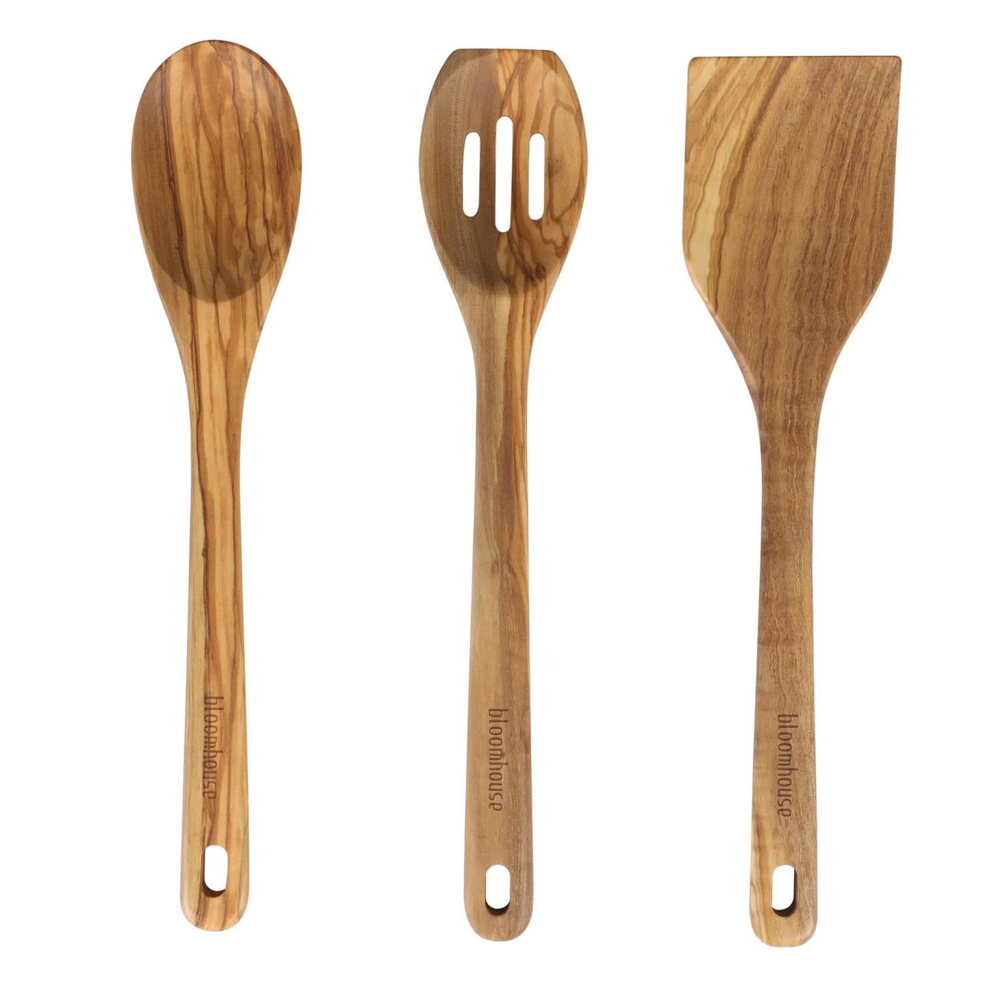 Bloomhouse Italian Olive Wood 3 Piece Extra-Large 14 Inch Turner, Spoon, and Slotted Spoon Set