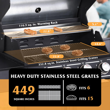 GIODIR 4-Burners Propane Gas Grill with Side Burner, 50,000 BTU Outdoor BBQ Grill, Cast Iron Cooking Grate with Wheels for Outdoor Patio Garden