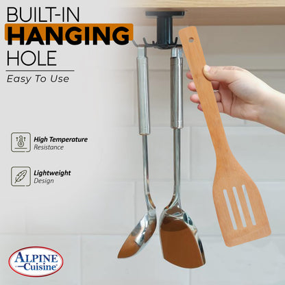 Alpine Cuisine Professional Cookware Bamboo Wood Slotted Spatula 12 Inch - Thin Slotted Spatula Heat Resistant Wood Handle for Cooking, Frying, Grilling & Flipping Fish Meat Eggs - Easy to Clean