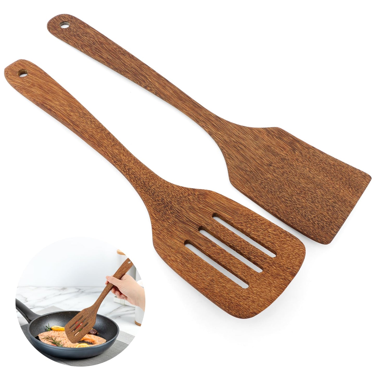 2 Pack Wooden Spatula, Solid Turner & Slotted Spatula Set for Nonstick Pans, Wood Long Handle Flat Frying Turner, Wood Spatulas for Cooking, Frying, Baking