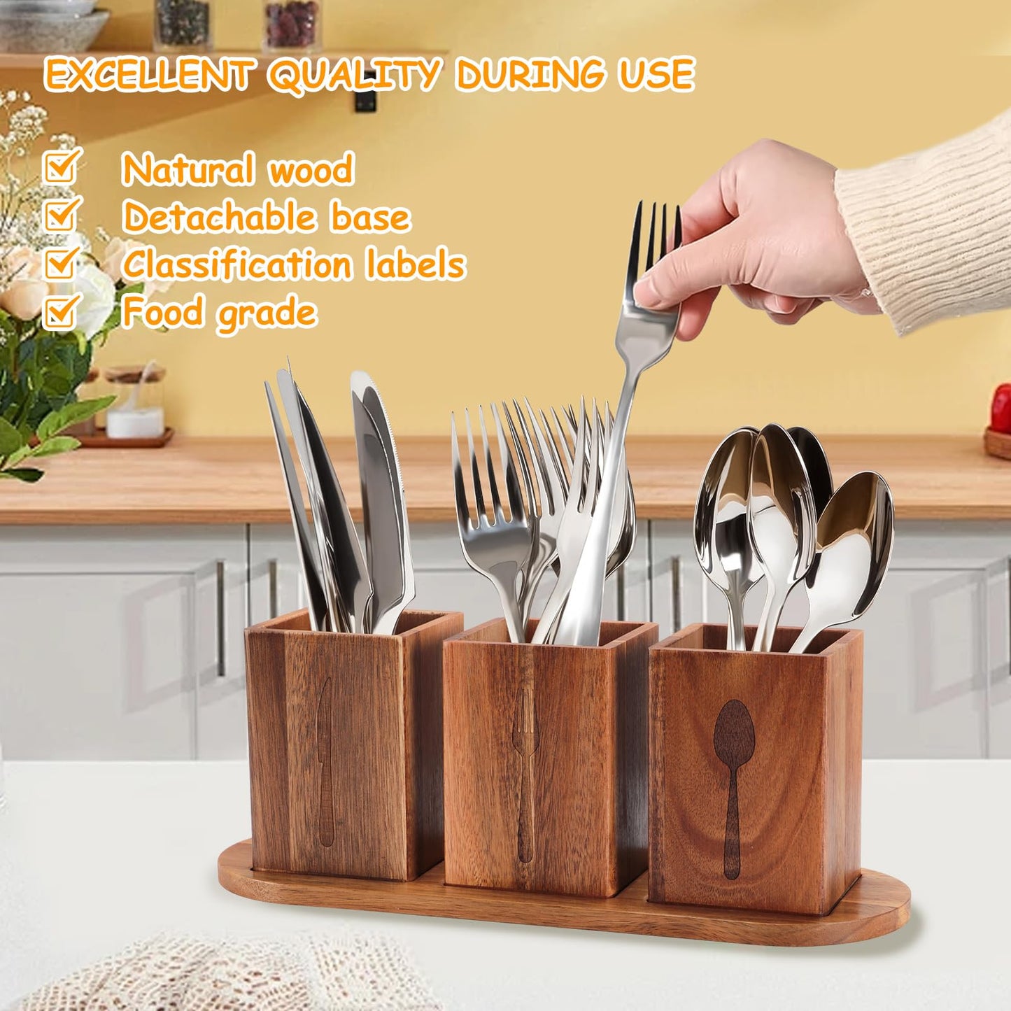 Qivine Acacia Wood Utensil Holder, Wooden Silverware Holder Countertop Utensil Organizer Silverware Organizer with Tray, Kitchen Utensil Organizers for Forks, Spoons, Knives (Acacia)