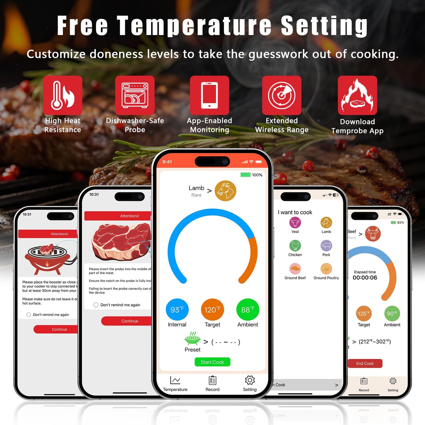 Meat Thermometer – Smart Bluetooth Meat Thermometer 820-FT Bluetooth Wireless Range Digital Food Thermometer with App Control | IP67 Waterproof Probe | Cooking Thermometer for BBQ, Oven, Grill, Smoker