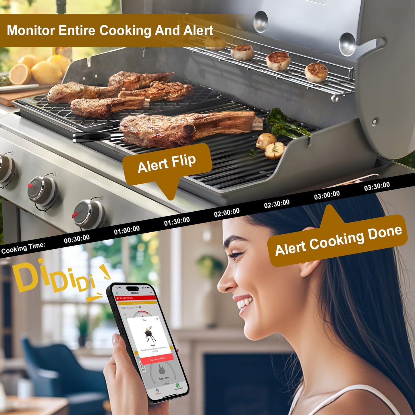 WiFi Bluetooth Wireless Meat Thermometer, Unlimited Range, 7 NIST Certified Accuracy Sensors with Ambient Temp Remote Monitoring for BBQ Grill, Oven, Smoker, Air Fryer (1, Black, Medium)