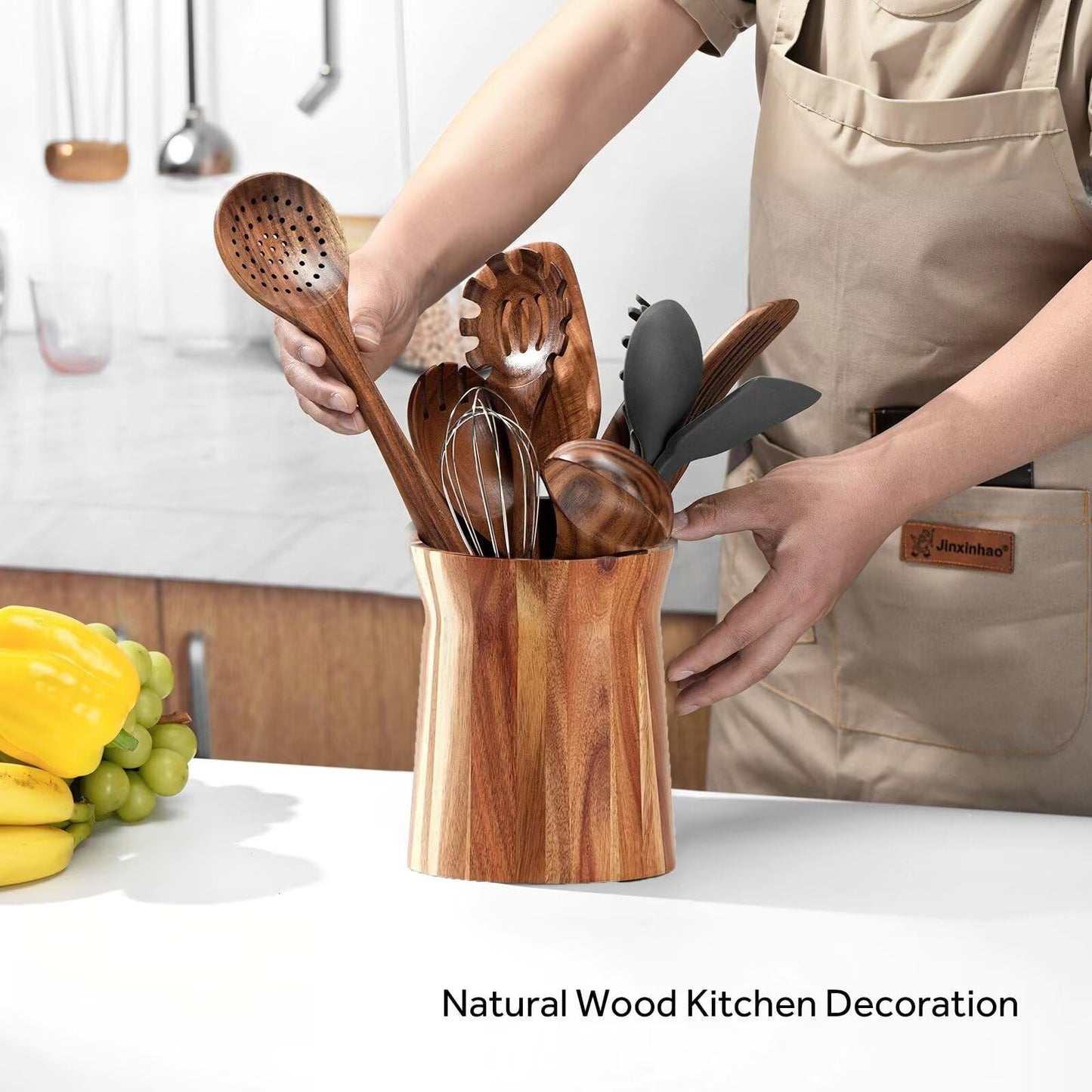 Wcatea 360° with Rotating Extra Large Cooking Utensil Holder,Wood Utensil Holder, 7.6" Kitchen Holder for Countertop Farmhouse Decor