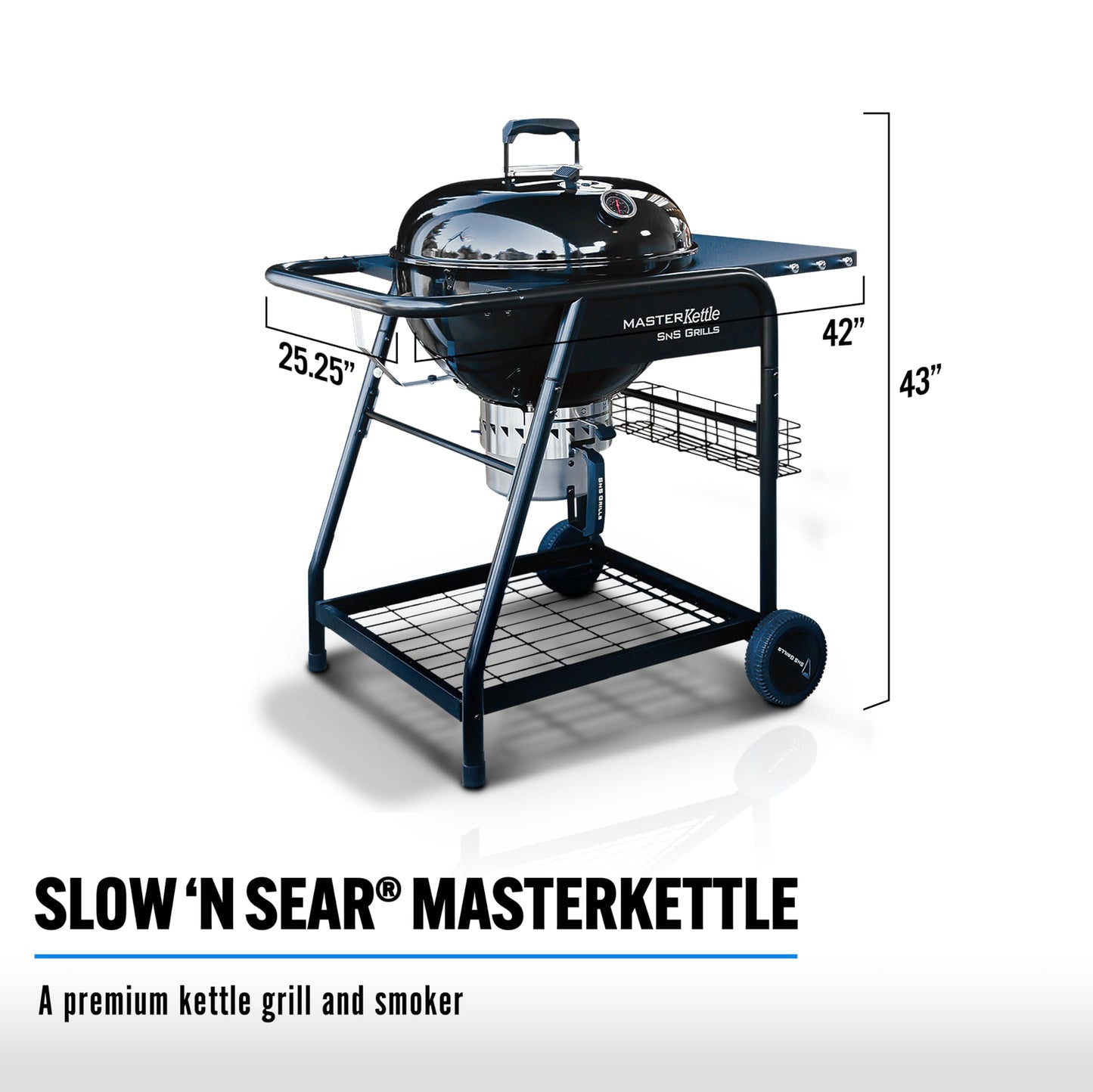 SnS Grills MasterKettle Charcoal Grill and Smoker with Patented Slow ‘N Sear Deluxe Insert, EasySpin Grate for Two-Zone Cooking and Integrated Table, Low ‘N Slow Smoking and BBQing - Black 22-Inch