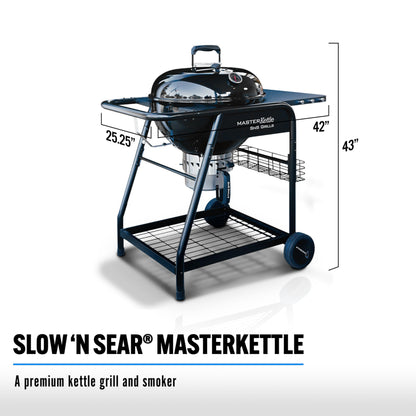 SnS Grills MasterKettle Charcoal Grill and Smoker with Patented Slow ‘N Sear Deluxe Insert, EasySpin Grate for Two-Zone Cooking and Integrated Table, Low ‘N Slow Smoking and BBQing - Black 22-Inch