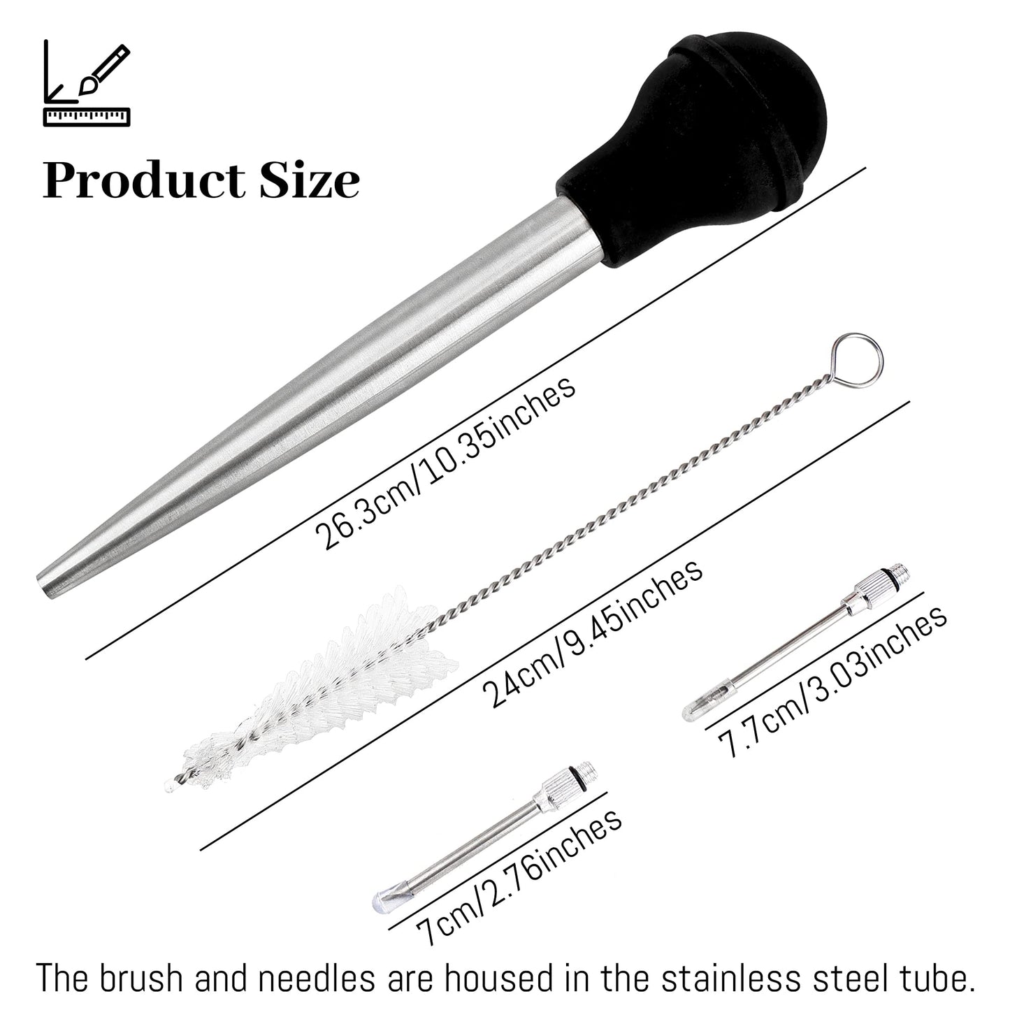Turkey Baster Syringe for Cooking, Large Stainless Steel Meat Injector, with Cleaning Brush and 2 Marinade Needles, Black
