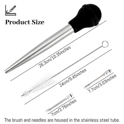Turkey Baster Syringe for Cooking, Large Stainless Steel Meat Injector, with Cleaning Brush and 2 Marinade Needles, Black