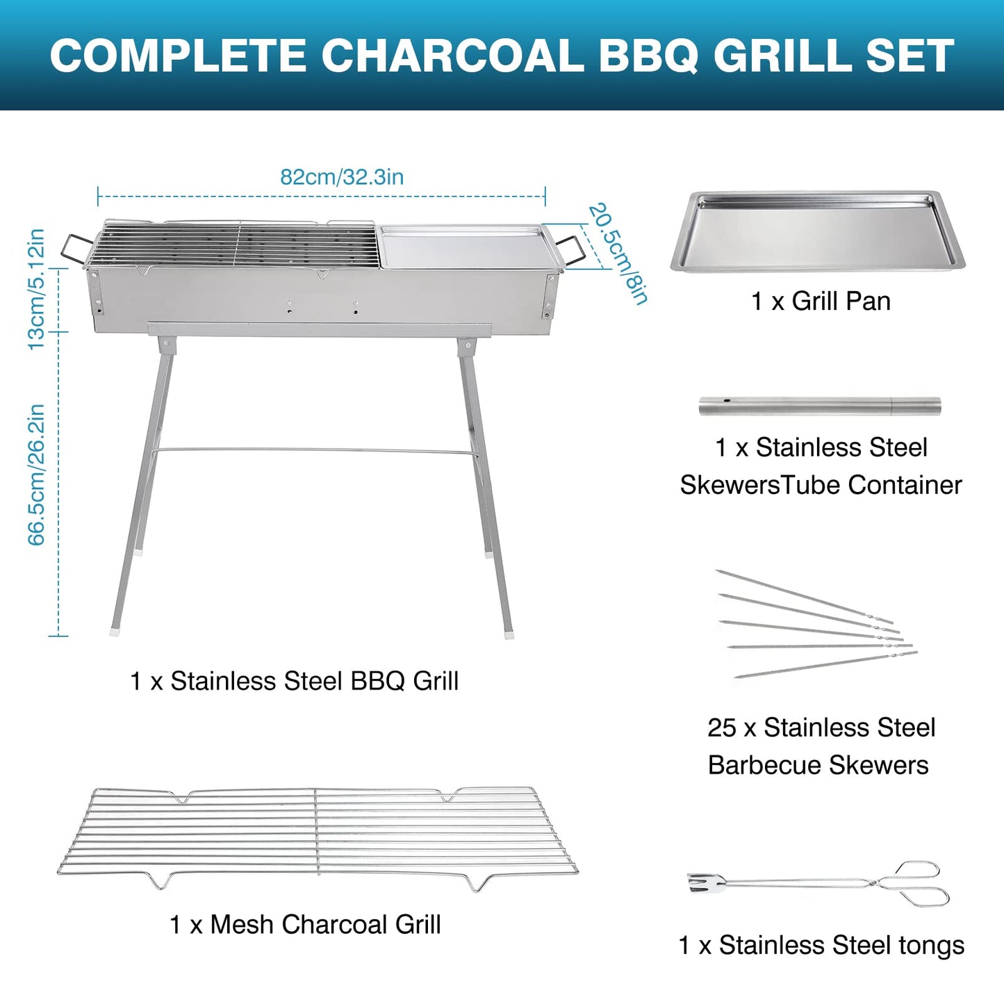 IRONWALLS Portable Charcoal Grills, L 32” x W 8” x H 31” Stainless Steel Folding Yakitori Grill with 25PCS 15” Kebab Skewers for Backyard Barbecue Outdoor Cooking Camping Hiking Picnic