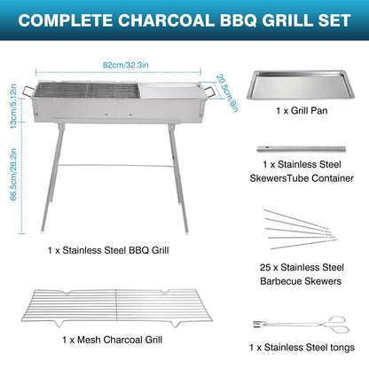 IRONWALLS Portable Charcoal Grills, L 32” x W 8” x H 31” Stainless Steel Folding Yakitori Grill with 25PCS 15” Kebab Skewers for Backyard Barbecue Outdoor Cooking Camping Hiking Picnic