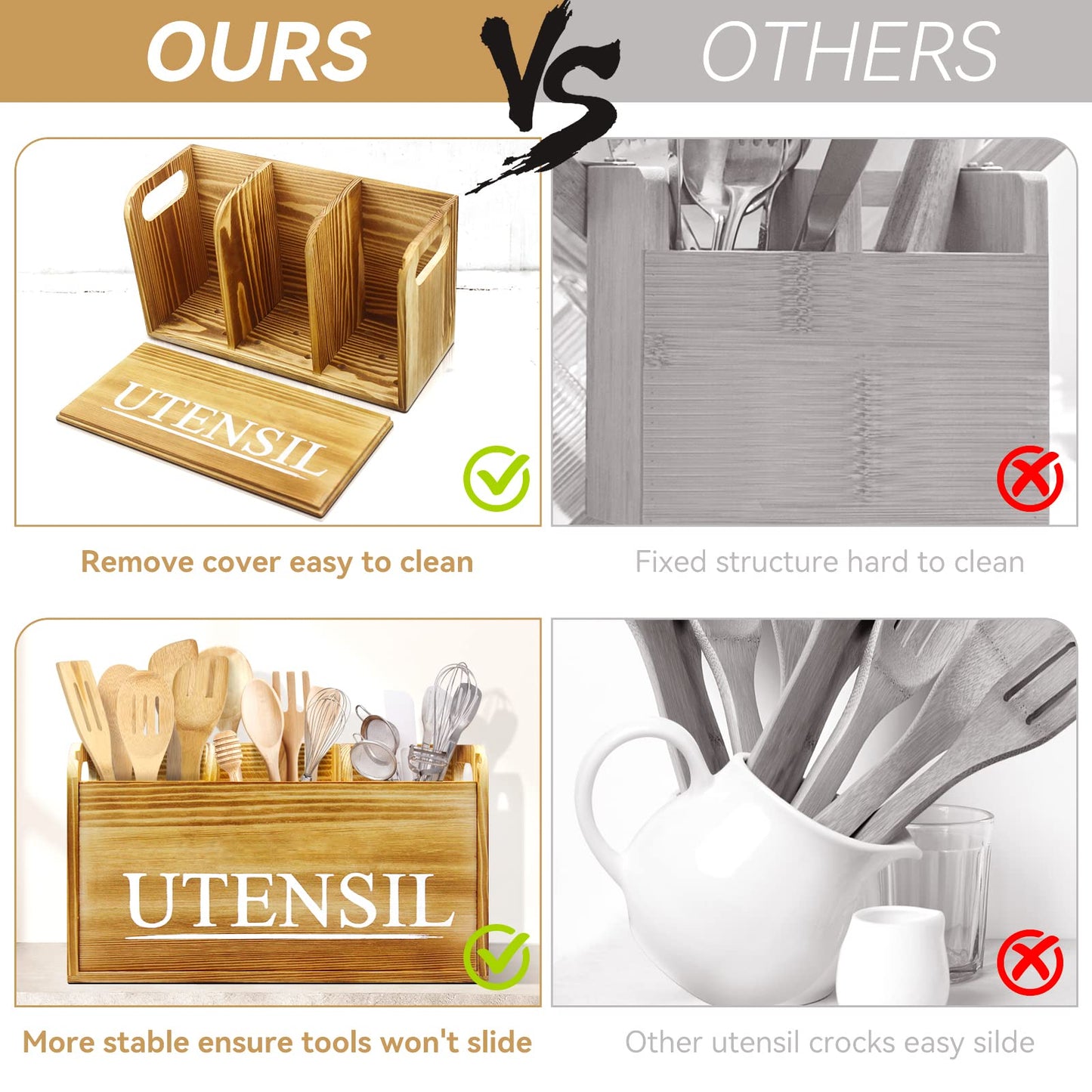 brekle Kitchen Utensil Holder Rustic Large Wooden Utensil Organizer Cooking Tools Storage (Farmhouse Wooden)