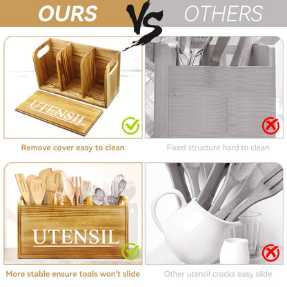 brekle Kitchen Utensil Holder Rustic Large Wooden Utensil Organizer Cooking Tools Storage (Farmhouse Wooden)