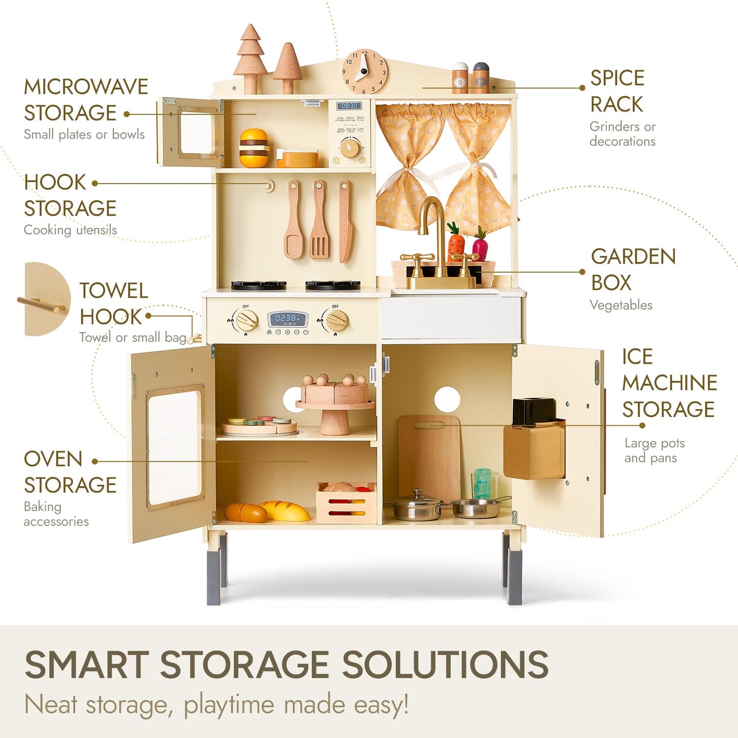 Giant bean Wooden Play Kitchen, Toddler Kitchen Playset, with Microwave Play Sink Ice Maker Oven Cookware Accessories Playset, Pretend Play Food Toys for 3+ Year Old Boys Girls