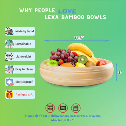 LEXA 12" Handmade Natural Bamboo Wooden Fruit Bowl for Kitchen Counter - 130 oz Lightweight Large Bamboo Wood Salad Bowl
