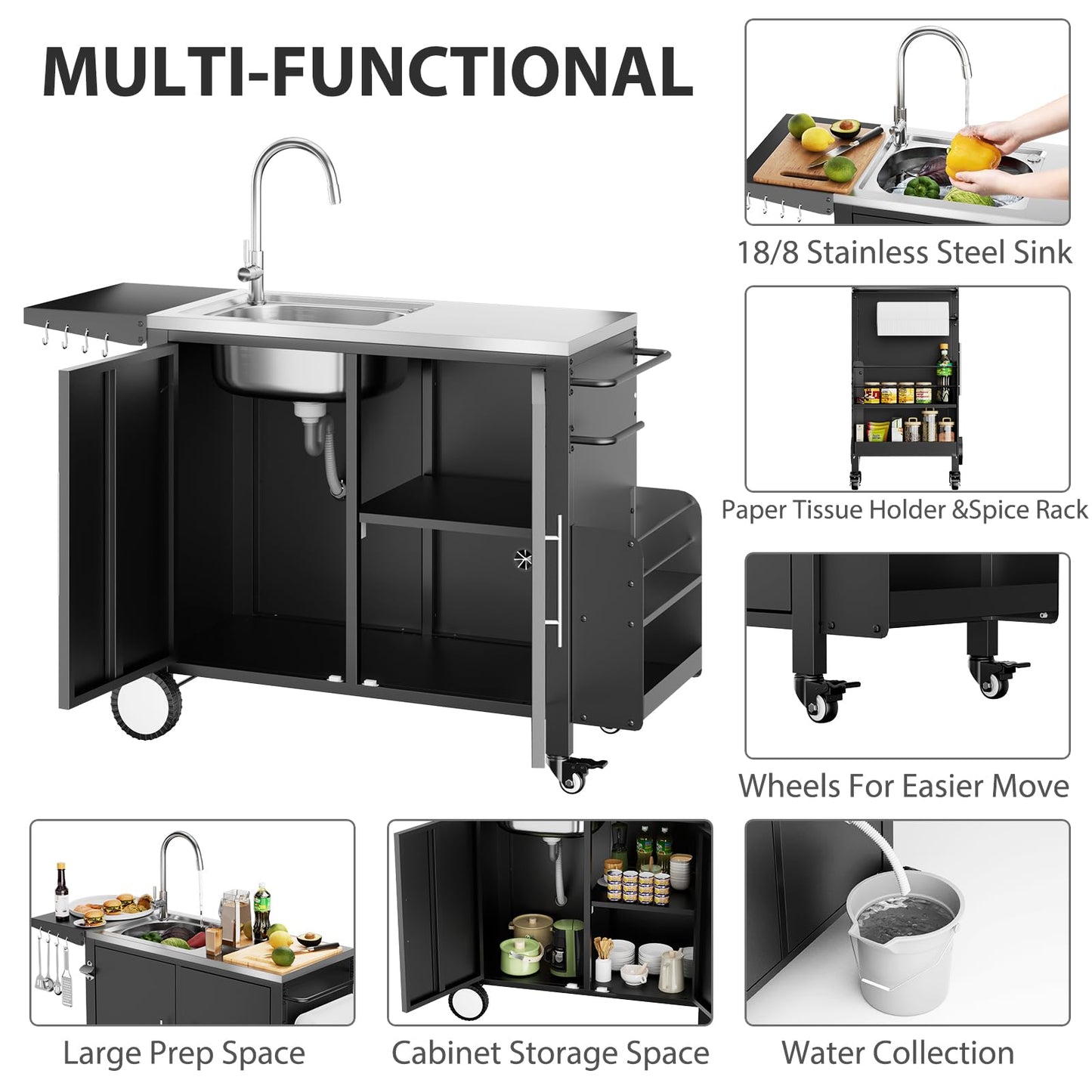 ROOMTEC Outdoor Grill Cart with Stainless Steel Sink, Rolling Metal Prep Table & Storage Cabinet, BBQ Kitchen Island for Patio or Garden