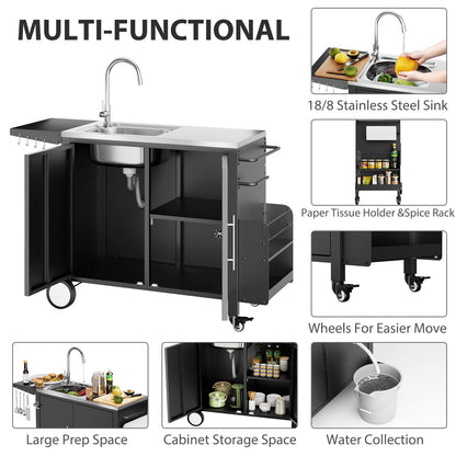 ROOMTEC Outdoor Grill Cart with Stainless Steel Sink, Rolling Metal Prep Table & Storage Cabinet, BBQ Kitchen Island for Patio or Garden