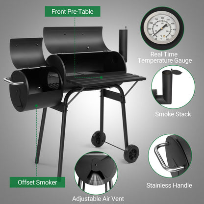 Outdoor Barrel BBQ Grill,Barrel Charcoal Grill with Offset Smoker, All Metal Outdoor Smoker with Side Table and Wheels for Outdoor Garden Patio and Backyard Cooking