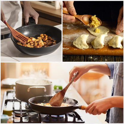 LSFCHUJU Wooden Spoons for Cooking - 10 Piece Natural Teak Wood Kitchen Utensil Set, Wooden Spoons Set with Holder, Spoon Rest & Hooks, Wooden Spatula Set with 7 metal hooks