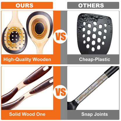 NAYAHOSE Kitchen Utensils Set for Cooking, 7 Pcs Pakkawood Wooden Cooking Spoons & Spatulas with Spoon Rest, Safe for Non-Stick Cookware, Housewarming Kitchen Gift (Brown Spoon-7pcs)