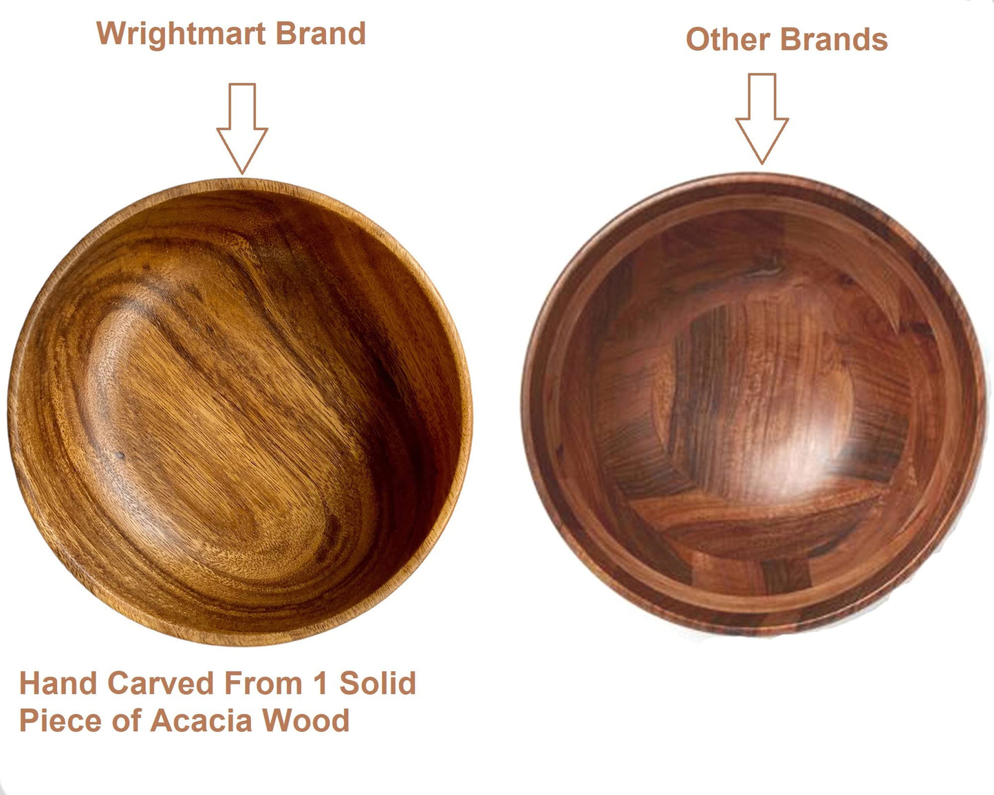 WRIGHTMART Acacia Wood Bowl, Set of 4, 7” Round, for Serving Food, Salads, Fruits, for Kitchen, Dining, or Living Room, Handmade, Natural, Rustic, Decorative and Durable Bowls.