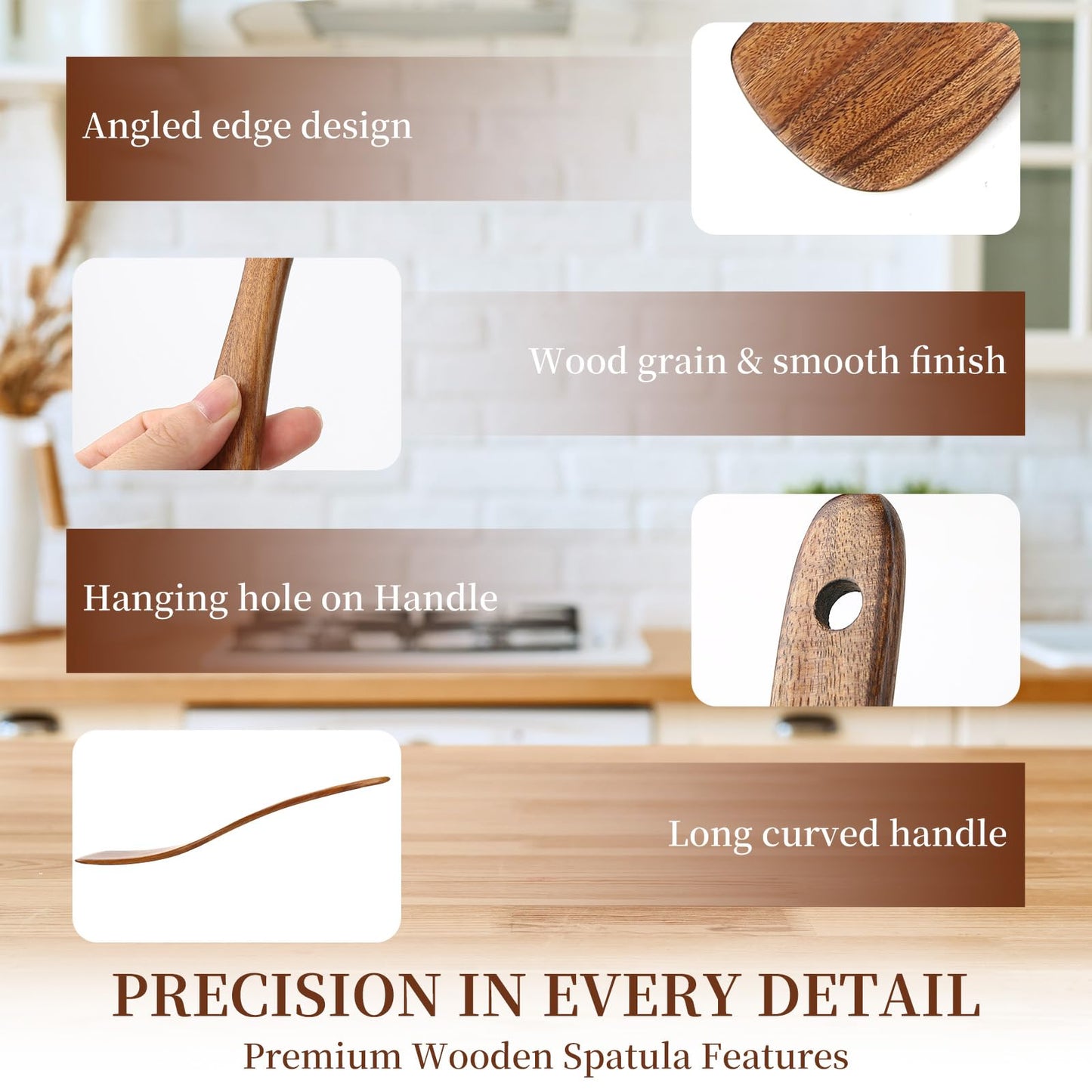 EOHASA 3Pcs Wood Spatulas for Cooking, Natural Teak Wooden Utensil Set - Flat Spatula Turner, Wood Spatula for Right Hand, Wooden Scraper Flipper, Non Toxic Heat Resistant kitchen essentials for Home