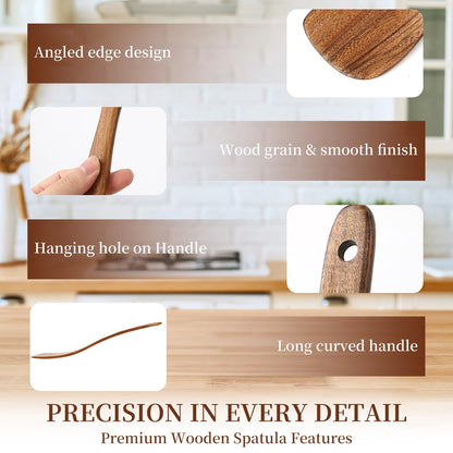 EOHASA 3Pcs Wood Spatulas for Cooking, Natural Teak Wooden Utensil Set - Flat Spatula Turner, Wood Spatula for Right Hand, Wooden Scraper Flipper, Non Toxic Heat Resistant kitchen essentials for Home