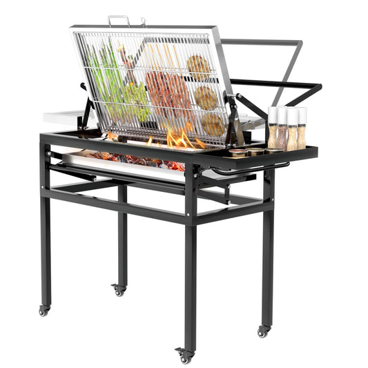 BBQ Charcoal Grill with Cart, Heavy Duty Square Outdoor Detachable Portable Grill, 360° Rotating Cooking Grid Stand-up Grills with Wheels for Camping Garden Commercial Barbeque
