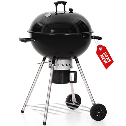 GREEN PARTY 22 inch Kettle Charcoal BBQ Grill with Wheels, Portable Charcoal Grill with Porcelain-Enameled Lid & Ash Catcher for Outdoor Cooking Barbecue Camping Picnics Tailgating