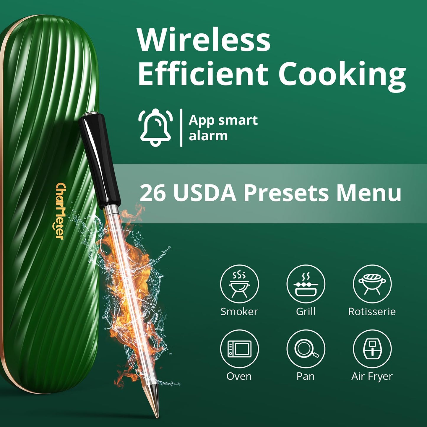 Green Wireless Meat Thermometer, 500FT Remote Bluetooth Grill Thermometer with an Stylish Wave-shaped Sliding Base, Portable Cooking IP67 Waterproof, Perfect Smoker Accessories Gift for Kitchen Lovers
