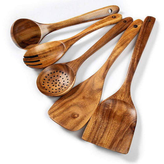 Wooden Kitchen Utensils Set, 5 PCs Natural Acacia Spurtle Set for Non-stick Pan Kitchen Tool Ladle and Wok Spatulas, Salad fork