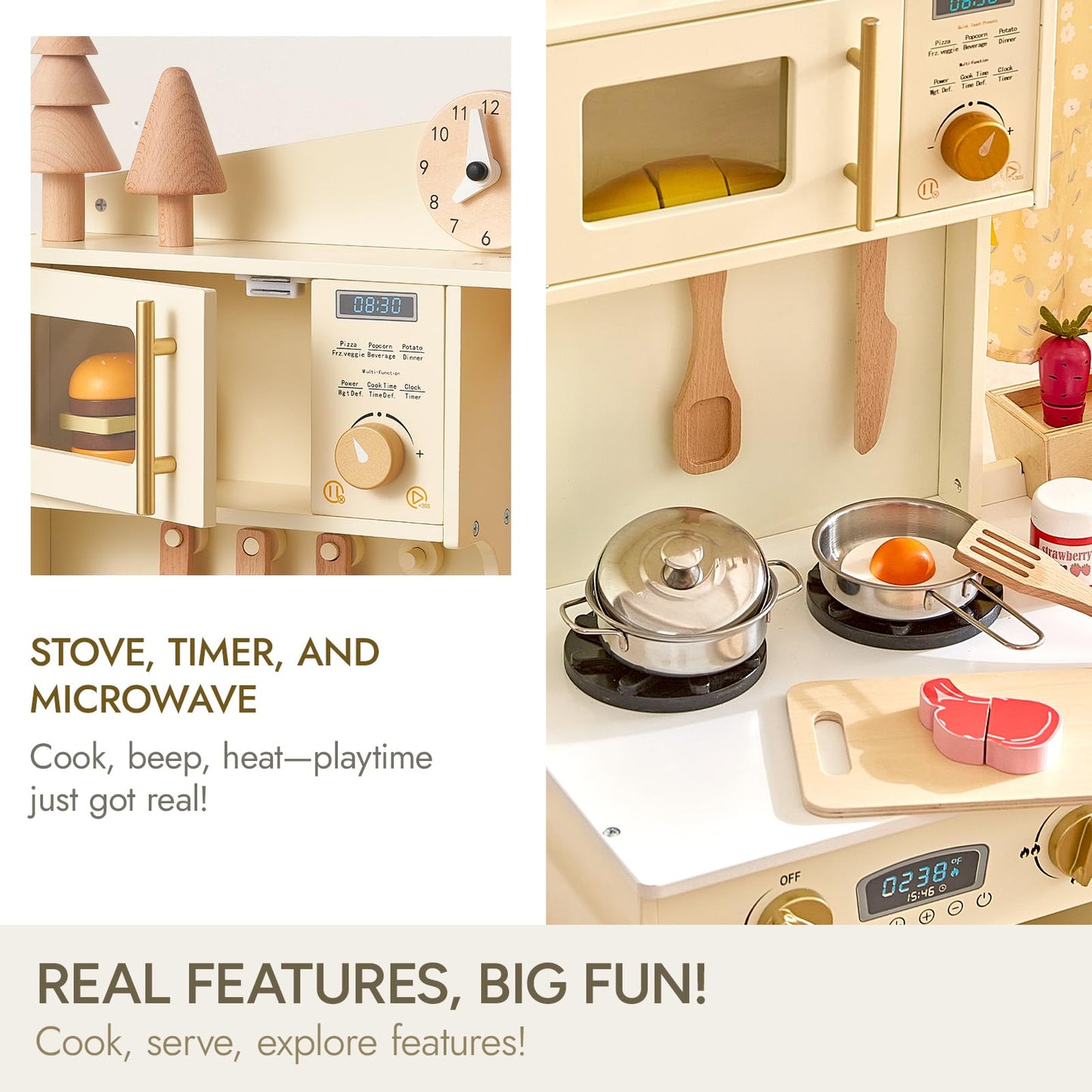 Giant bean Wooden Play Kitchen, Toddler Kitchen Playset, with Microwave Play Sink Ice Maker Oven Cookware Accessories Playset, Pretend Play Food Toys for 3+ Year Old Boys Girls