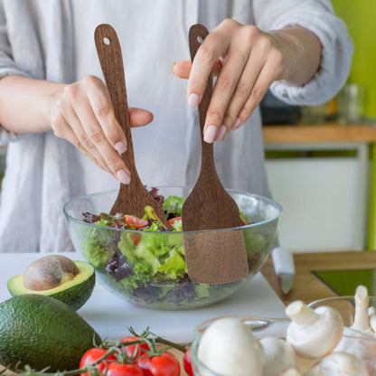 2Pcs Wooden Spatula for Cooking, 12'' Long Handle Nonstick Turner Acacia Natural Teak Wood Flat Spatulas Handmade Non Toxic Cooking Spurtle Utensils for Kitchen Gifts, Cooking Eggs, Fish, Pancakes