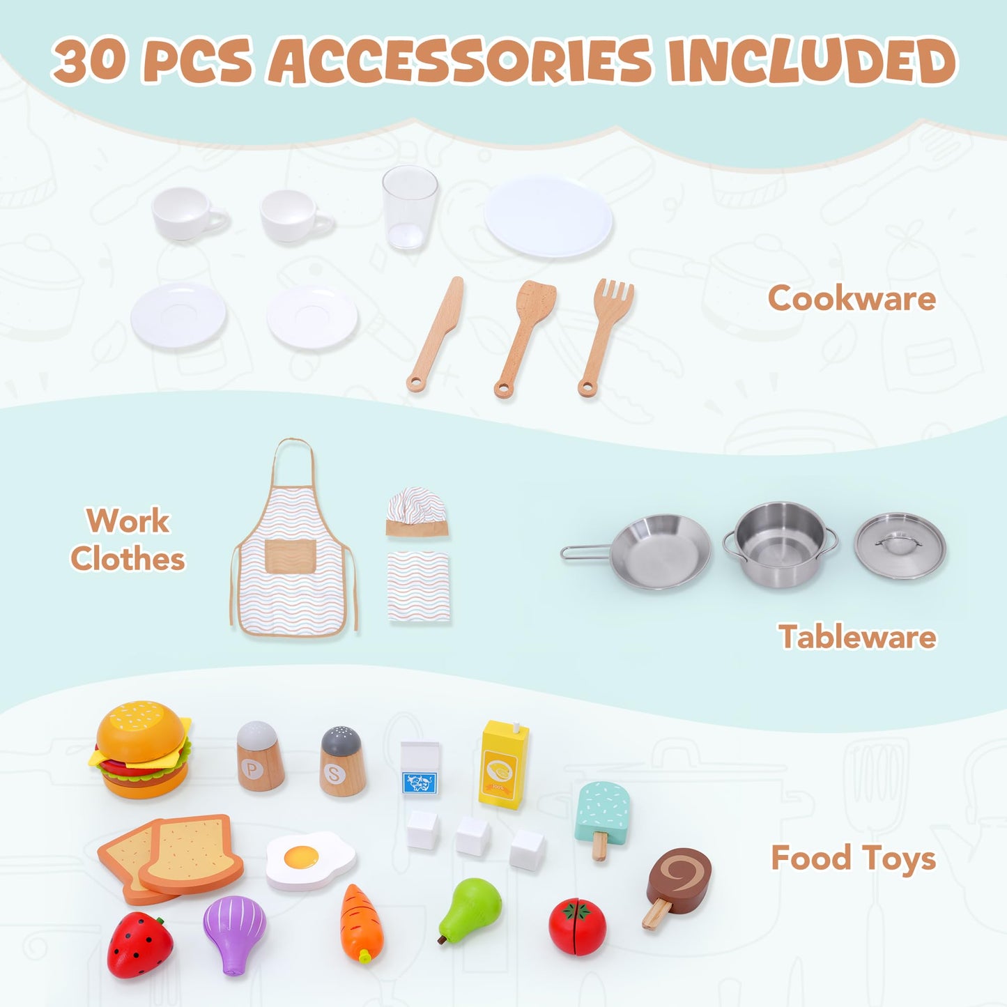 Wooden Play Kitchen for Kids Toddlers, Kitchen Playset with Stove, Oven, Sink, Fridge and Accessories Toy Kitchen Set with Plenty of Play Features, Kids Play Kitchen Designed, Gift for Ages 3+