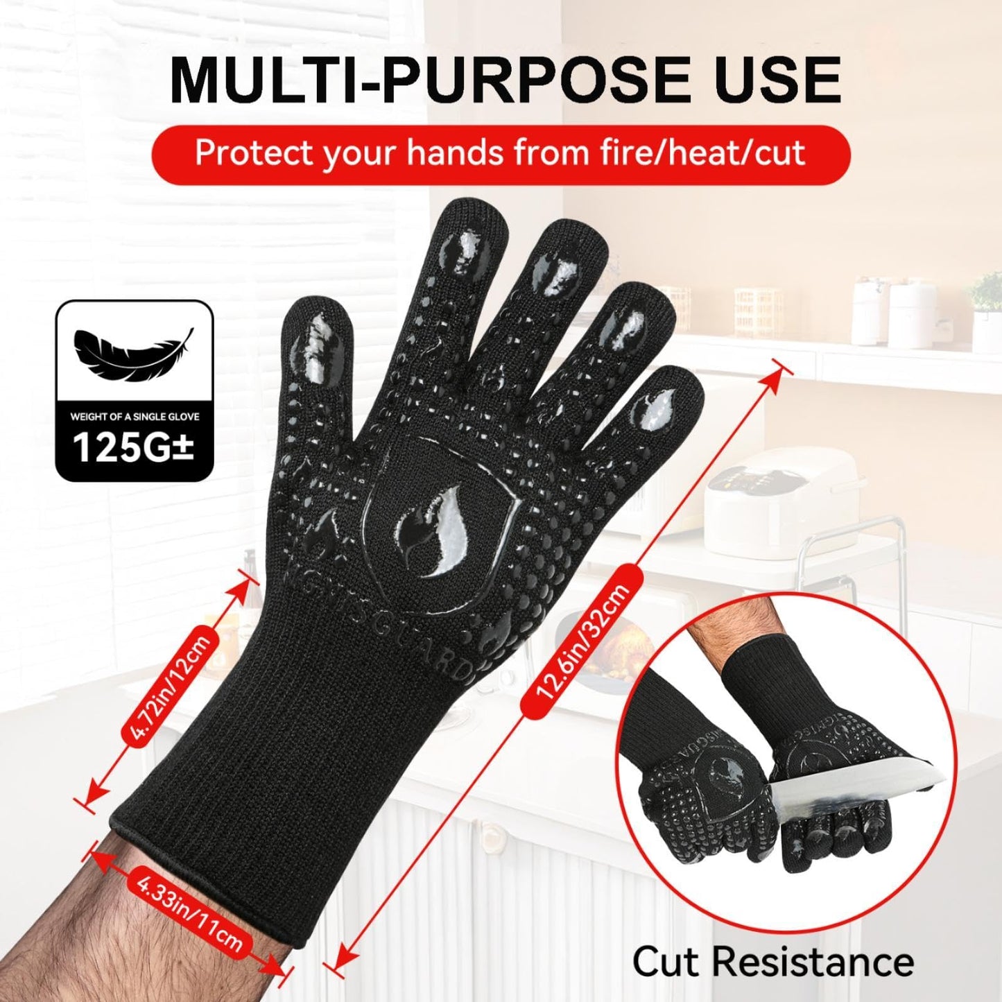 IGNISGUARD BBQ & Grill Gloves, 1472°F Silicone Oven Mitts Heat Resistant Gloves for Cooking, Oven Gloves with Fingers Fireproof Non-Slip Kitchen Gloves for Baking Grilling, 1-Pair Black