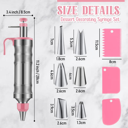 Ziliny 3 Sets Dessert Decorating Syringe Set, Cupcake Frosting Filling Injector with 6 Icing Nozzles 1 Nozzle Connector 3 Cream Scrapers Icing Tool, Cake Decorating Kit, Main Stainless Steel Design