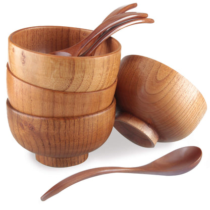 Originalidad Handmade Wood Bowls, Jujube Wooden Japanese Bowls with Matching Spoon for Rice, Soup, Dip, Salad, Tea, Decoration 4 Sets (4 Bowls 4.2 IN + 4 Spoons)