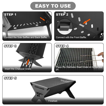 Odoland Camping Campfire Grill, Portable Folding Charcoal Grills, Backpacking BBQ Grill, Heavy Duty Firepit Grill with Carry Bag for Outdoor Cooking, Bonfire, Patio, Backyard