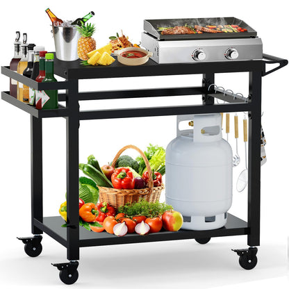 32"x 20" Stainless Steel Outdoor Grill Table, Movable Grill Cart, Outdoor Kitchen Island Prep Stand Station, Pizza Oven Table, Grill Stand Fits Griddle 17" 22", Rolling Bar Cart with 5 Utensil Hooks