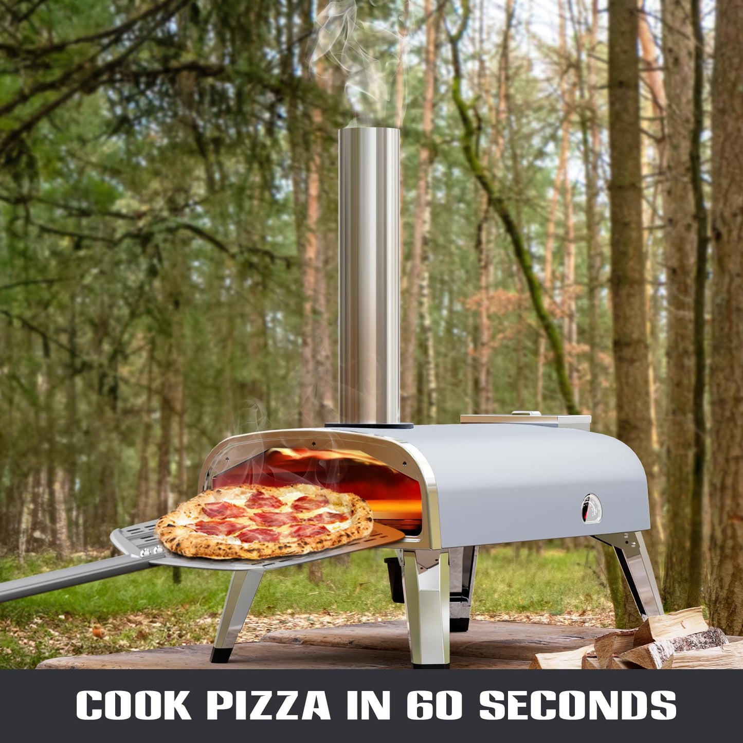 aidpiza Outdoor Pizza Oven 12" Wood Pellet Pizza ovens With Rotatable Round Pizza Stone Portable Wood Fired with Built-in Thermometer Pizza Stove for Outside Backyard Camping Picnics (Grey-revolving)