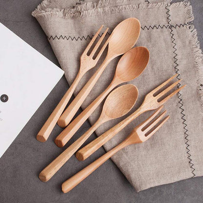 Kyien 6Pcs Wood Soup Spoons And Forks Sets 7.5In Natural Wood Eating Utensils Wooden Flatware Set, Eco Friendly Wood Cutlery Wooden Dinner Fork And Spoon, 3 Spoons and 3 Forks