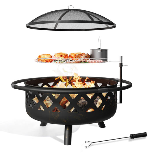 Aoxun Fire Pit, 42" Outdoor Wood Burning Fire Pit with Large Grill, BBQ Large Fire Table for Camping, Heating, Picnics