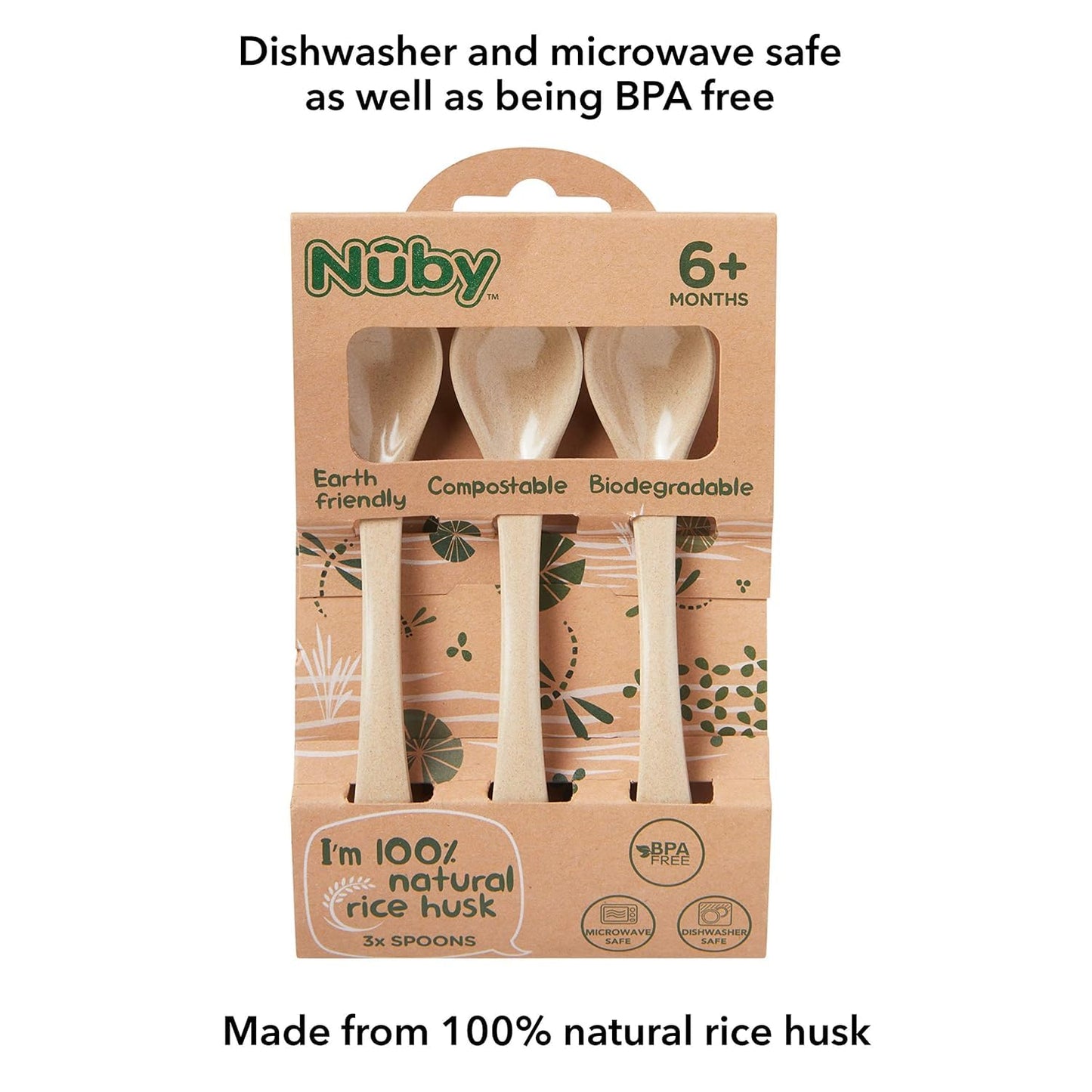 Nuby Eco-Friendly Natural Rice Husk 3 Piece Spoon Set- 3 Pack, 6+ Months- Fully Compostable and Biodegrable