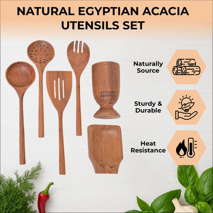 6-Pieces Wooden Spoons for Cooking with Free Holder Premium Acacia Wood Utensils Set Strong Smooth & Safe Kitchen Wooden Utensil Set Nonstick Wood Cooking Utensils Set (6-Pieces Wooden Spoons)