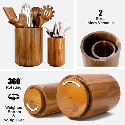 LIOZLIOLY Large Acacia Wood Utensil Holder for Kitchen Counter, 360° Rotating Kitchen Utensil Holder, Set of 2 (7.9" & 5.9"), Rustic Farmhouse Decor Accessories