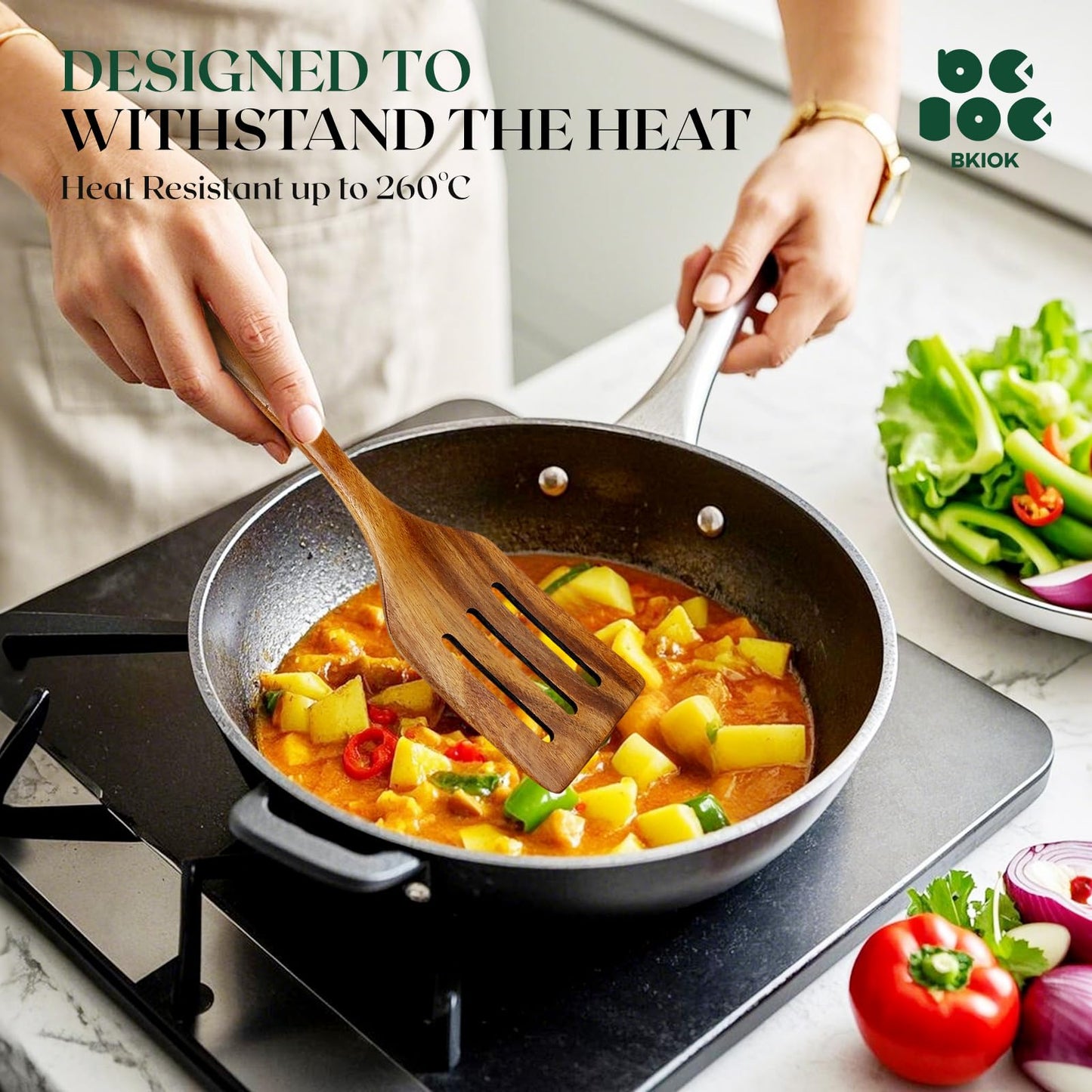 Bkiok Wooden Spatulas for Cooking, Teak Turner & Slotted Spatula Set for Nonstick Pans, Comfortable Grip Wooden Cooking Spatula (2Pcs)