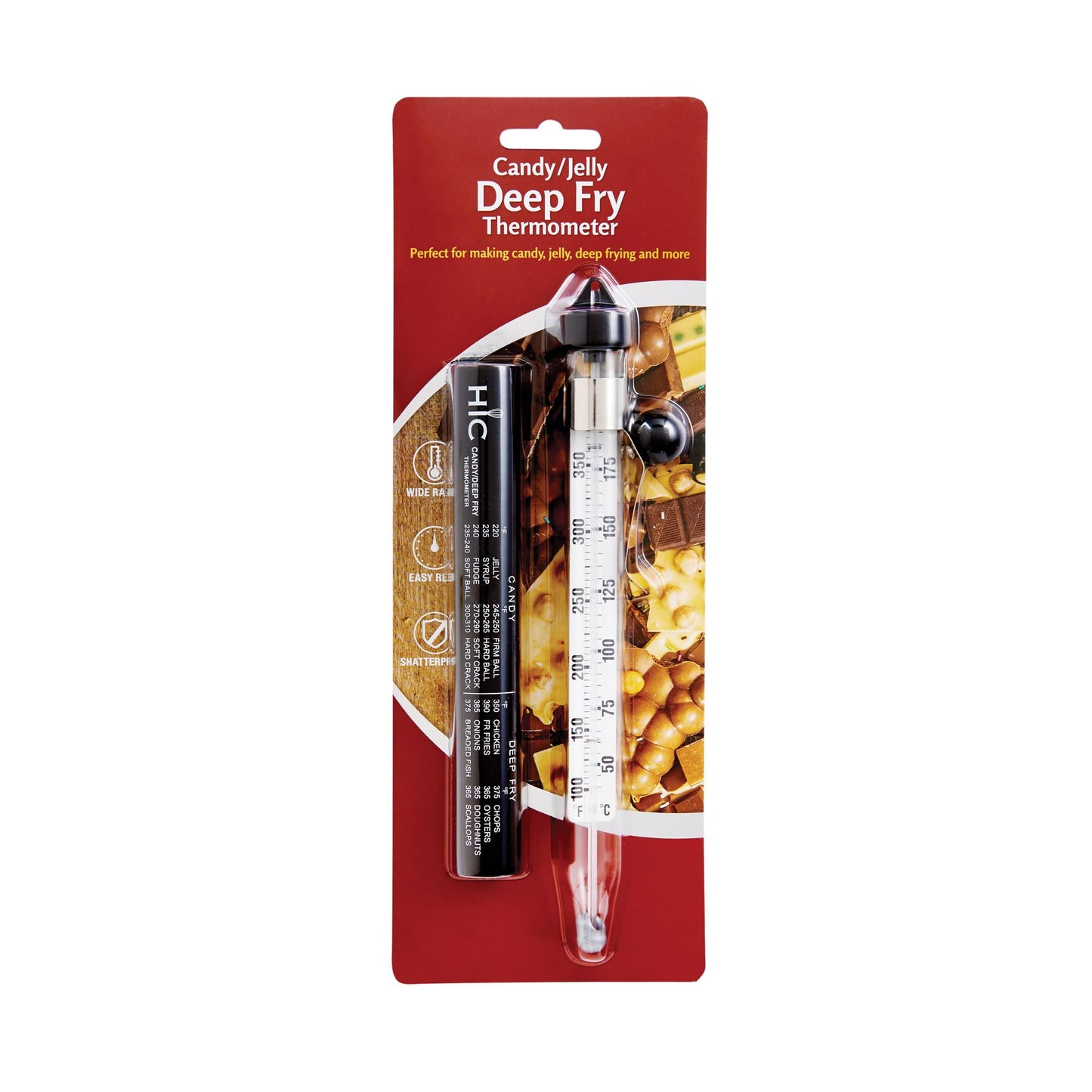 HIC Kitchen Roasting Deep Fry Candy Jelly Thermometer, Easy-Read Glass Tube with Protective Sheath and Temperature Guide