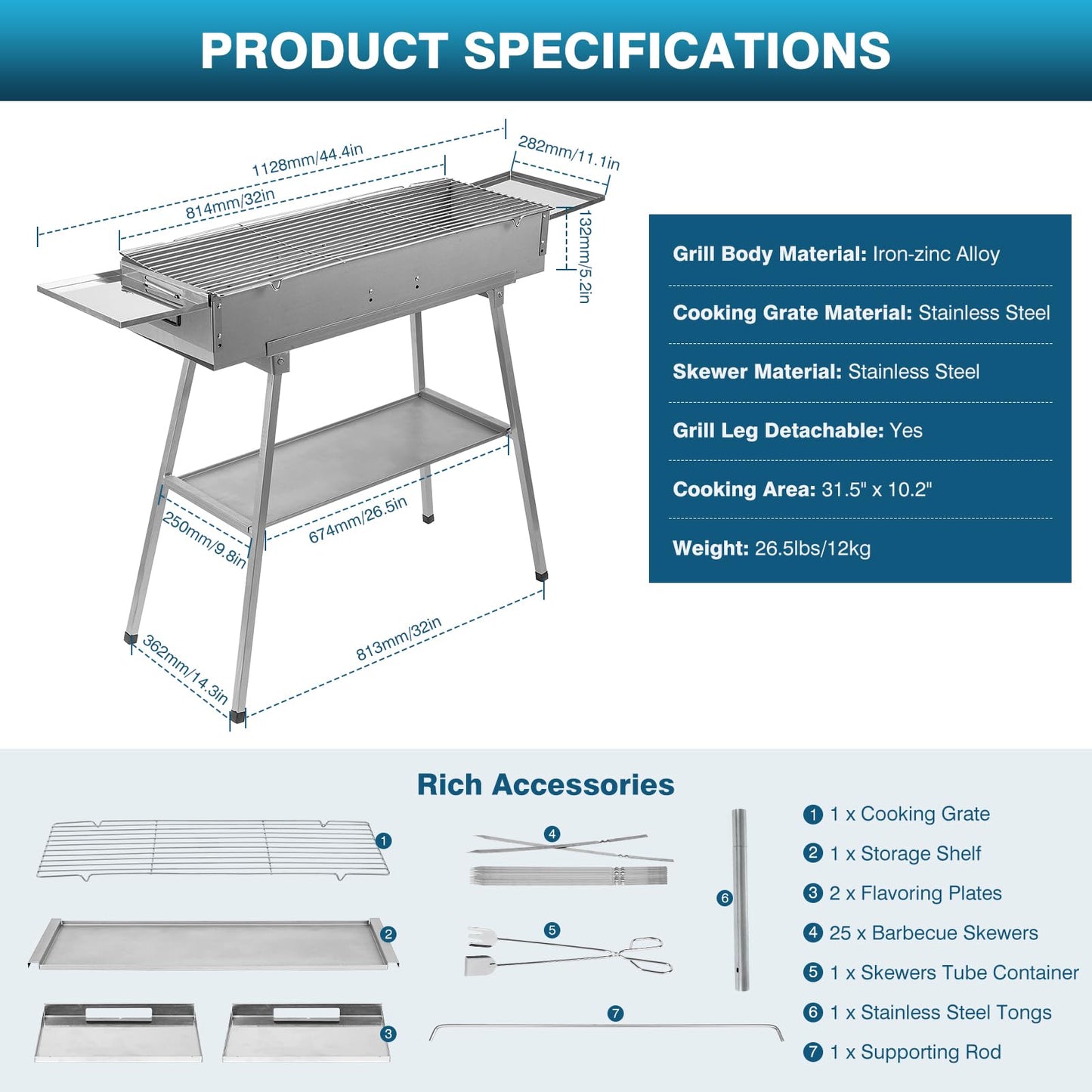 IRONWALLS Portable Charcoal Grill Outdoor Cooking, 32”L x 10”W Folded Camping Barbecue Grill with Storage Shelf, Metal Kebab Skewers, Rectangular Lamb Skewer Grill for Backyard Party Picnic Travel